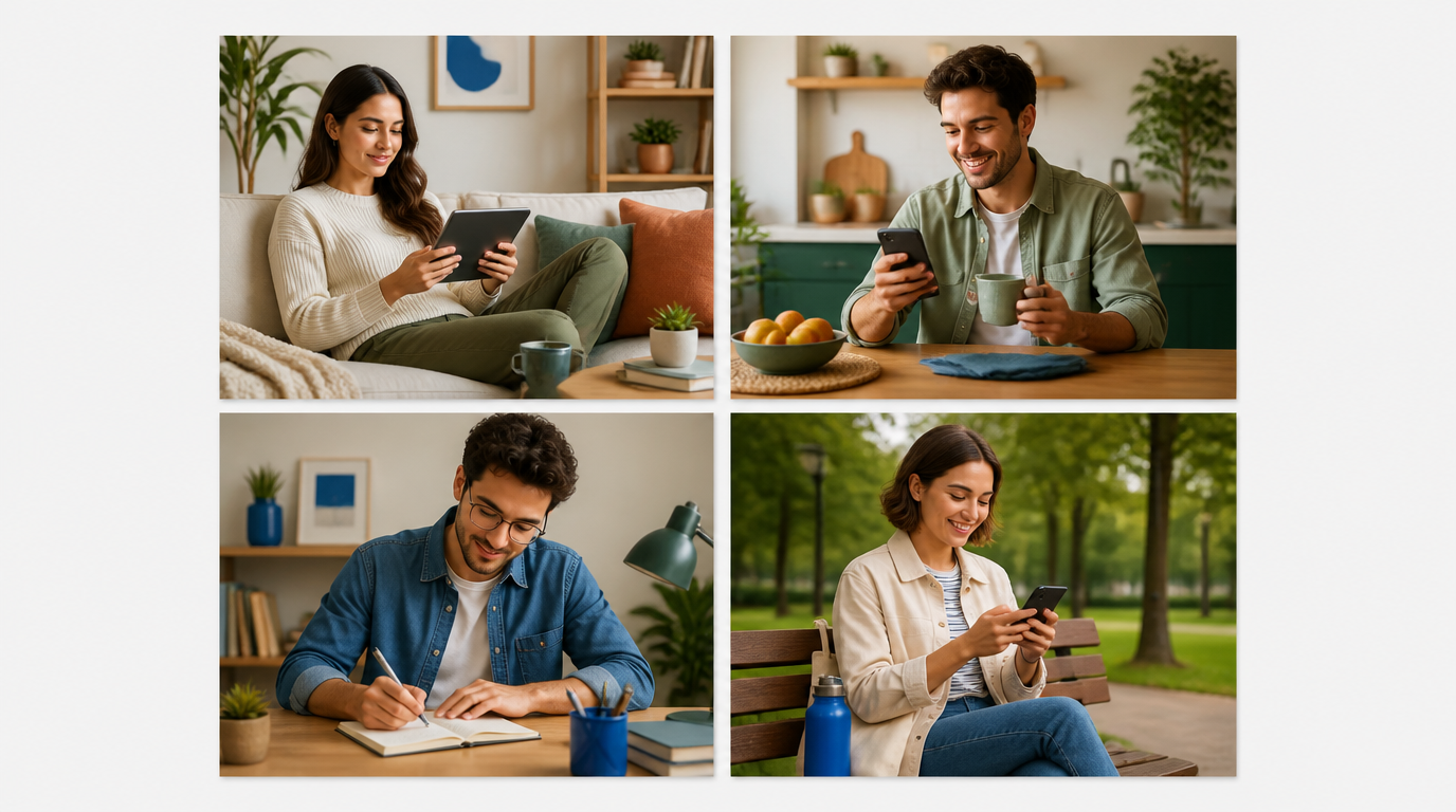 People using everyday apps: cooking in a kitchen, stretching after a run, reviewing finances together and planning a family calendar